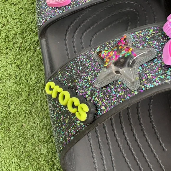 CROCS Black Glitter Sandals with Colorful Charms - Picture 3 of 8